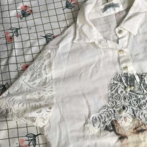 Stylish White Vintage Portrait Lace Top