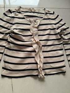 Striped Knit Cardigan with Ruffle Detail