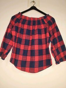 Off Shoulder Red & Navy checkered Top