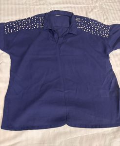 Women’s Navy Blue Embellished Shoulder Top