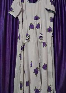 White Kurta with Purple Rose Print