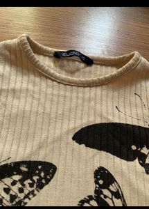 Beige Butterfly Print Long Sleeve Top