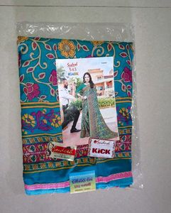 Beautiful Floral Print Teal Saree