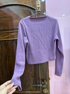 Purple Ribbed V-Neck Long Sleeve Top