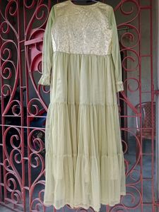 Olive Green Woven work Long Sleeves Gown