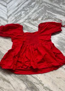 Red Smocked Square Neck Blouse