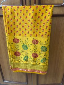 Vibrant Yellow Floral Print Saree