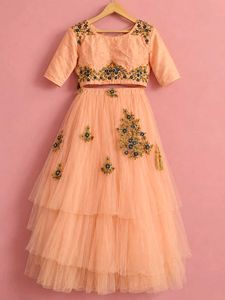 Peach Tiered Lehenga Choli with Embroidery