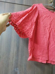 Coral Pink Top with Flared Sleeves