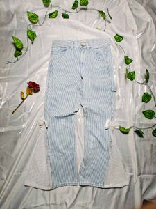 Women’s Blue White Striped Wide Leg Lace Jeans
