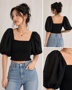 Chic Black Puff Sleeve Smocked Crop Top