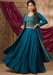 Elegant Teal Gown with Gold Embroidery