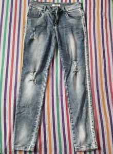 Distressed Wash Jeans with Side Stripe
