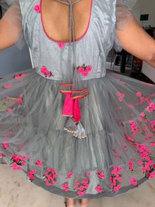 Grey Net gown with Pink Floral Embroidery