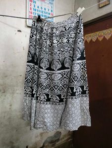 Red Kurta With Black &amp; White Printskirt.
