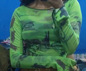 Green Graphic Mesh Long Sleeve Top