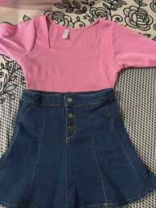 Pink Square Neck Ribbed Top & Denim Skirt