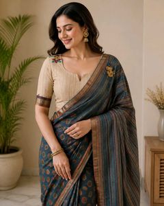 Elegant Teal Saree with Floral Motifs
