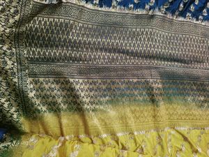 Beautiful Golden And Blue Combination Silk Saree