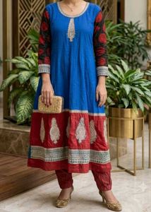 Elegant Blue & Red Anarkali Suit