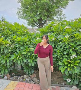 Stylish Burgundy Ribbed Henley Top
