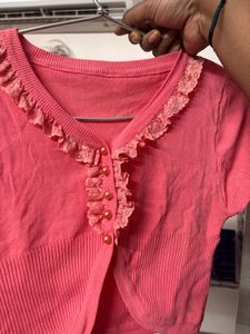 Ribbed Pink Cropped Cardigan