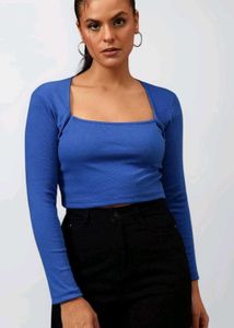 Blue Square Neck Long Sleeve Cropped Top