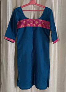 Blue Kurti with Brocade Neckline