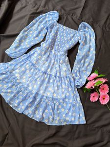 Blue Floral Tiered Midi Dress
