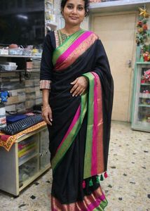 Elegant Black Saree with Pink & Green Border