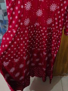 Red Kurta with Snowflake Print
