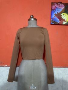 Brown Long Sleeve Cropped Top