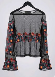 Embroidered Cold Shoulder Mesh Top