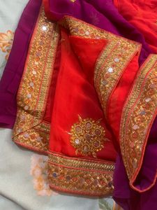 Beautiful Red & Purple Saree with Mirror Work