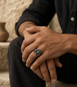 Unisex Eagle Design Ring with Turquoise Stone