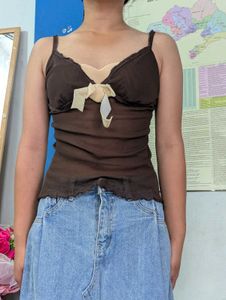 Brown Mesh Camisole Top with Bow