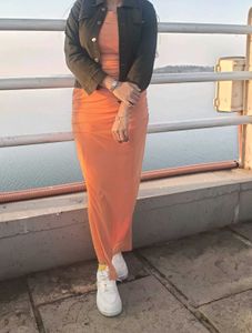 Orange Ruched Mesh Midi Dress