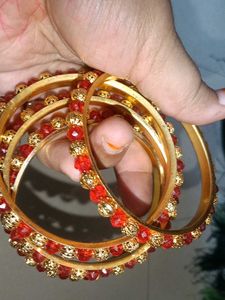 Red &amp; Gold Bangle Set with Peacock Kada