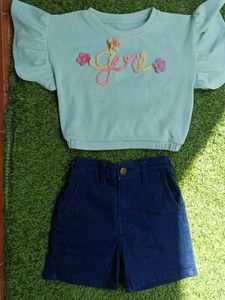 Cute Mint Ruffle Sleeve Top &amp; Denim Shorts Set