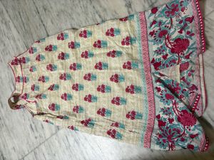 Biba Beige Floral Print Sleeveless Kurta