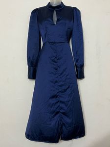 Pintresty silk Elegant Navy Blue Satin Dress