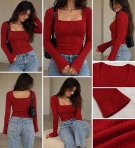 Red Ribbed Square Neck Full-Sleeve Top – Size L