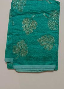 Beautiful Teal Saree with Gold Leaf Print