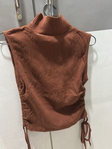 Brown Ribbed Mock Neck Top