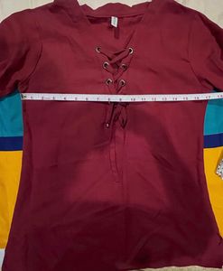 Maroon Lace-Up Bell Sleeve Top