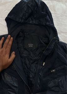 ZARA Men's Navy Blue Hooded Jacket