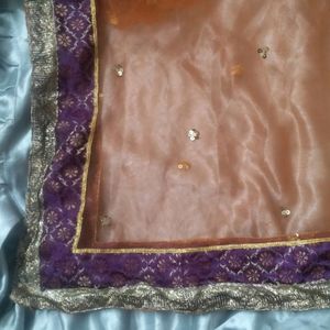 Orange Net Dupatta With Brocade Purple Border