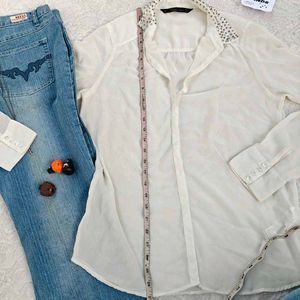 Y2k Pinteresty Cream Embellished Collar Blouse
