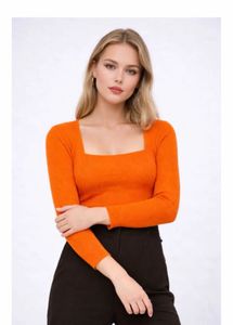 Orange Square Neck Long Sleeve Sweater Top