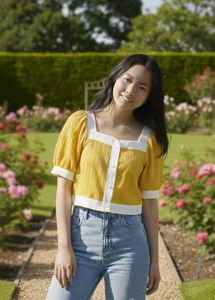 Korean Cute Yellow & White Puff Sleeve Top